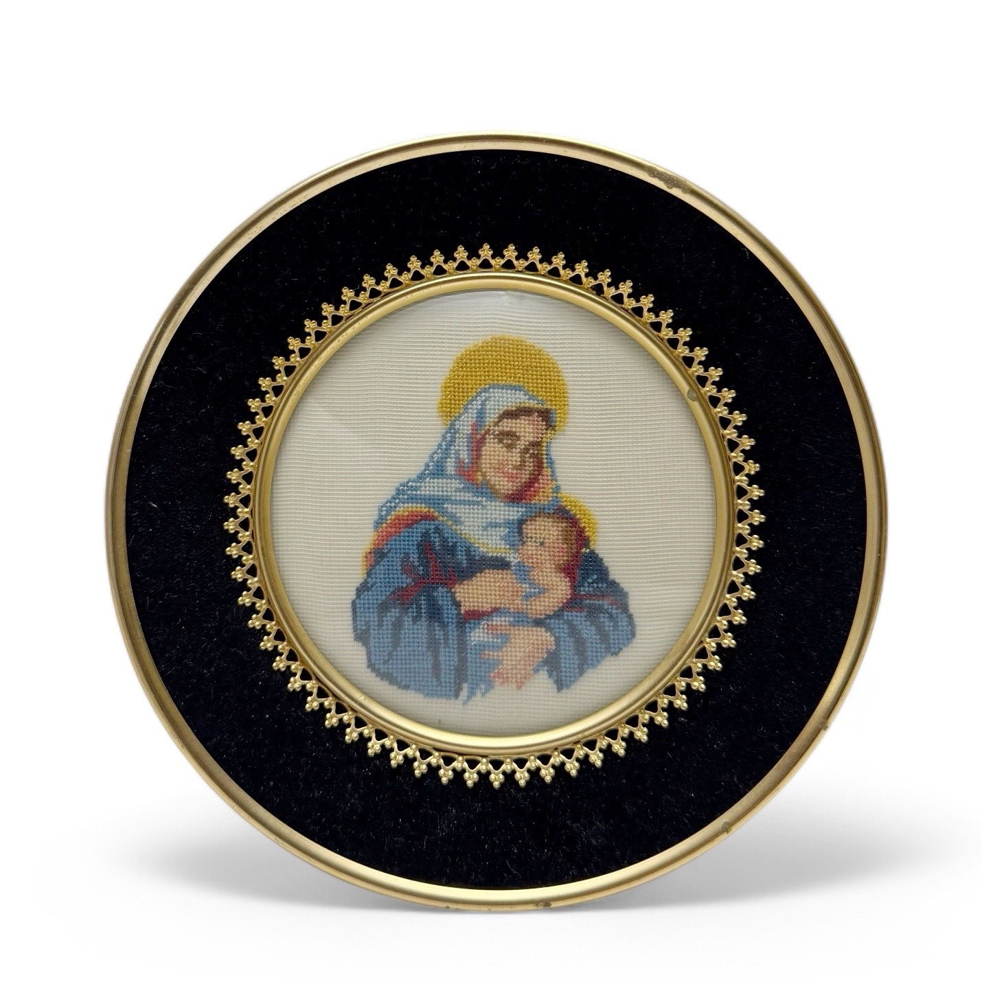 Vintage Mary and Child Religious Cross Stitch Round Velvet Convex Framed Art