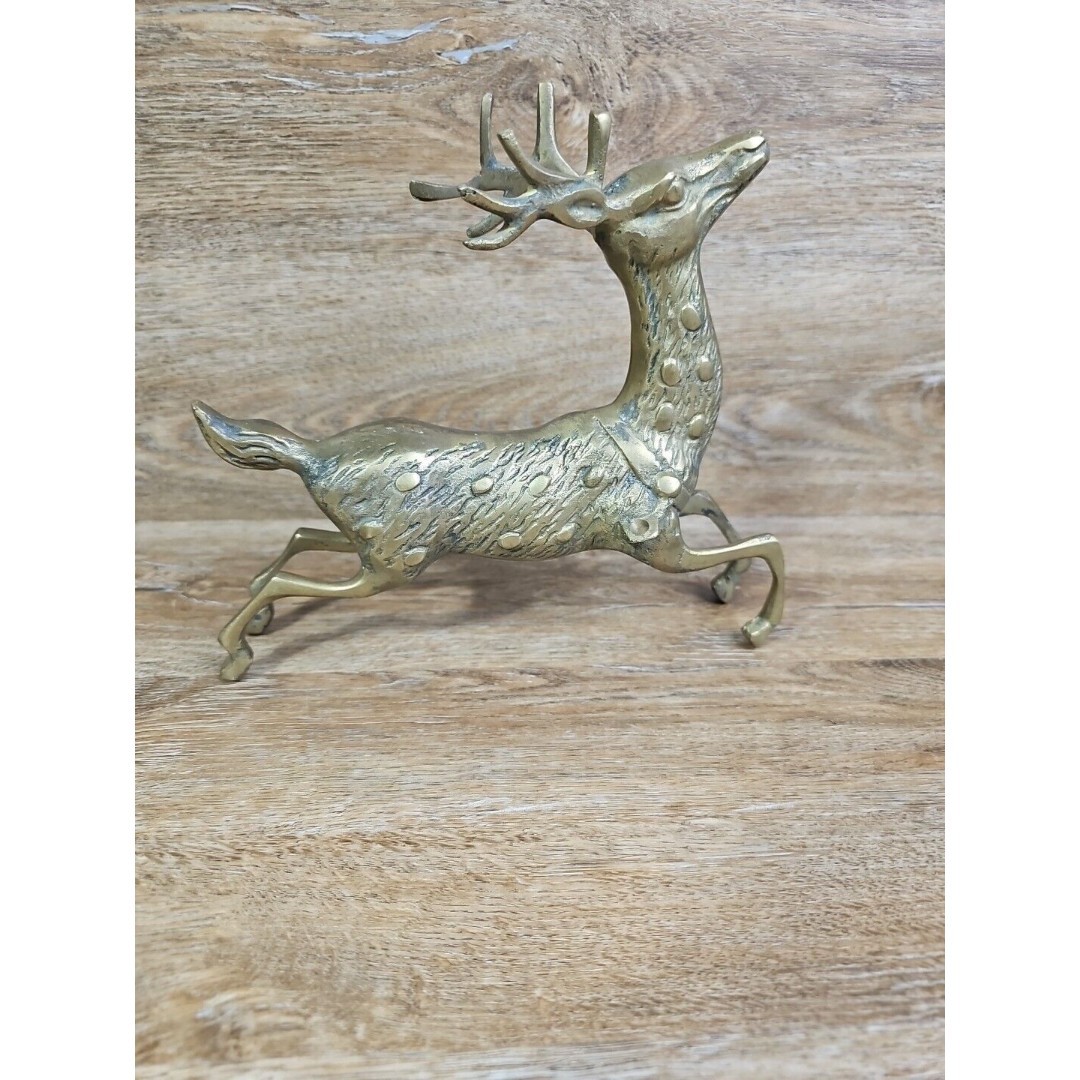Gold Bronze Heavy Christmas Reindeer Figure Statue 8.5 Tall 9 Wide VTG