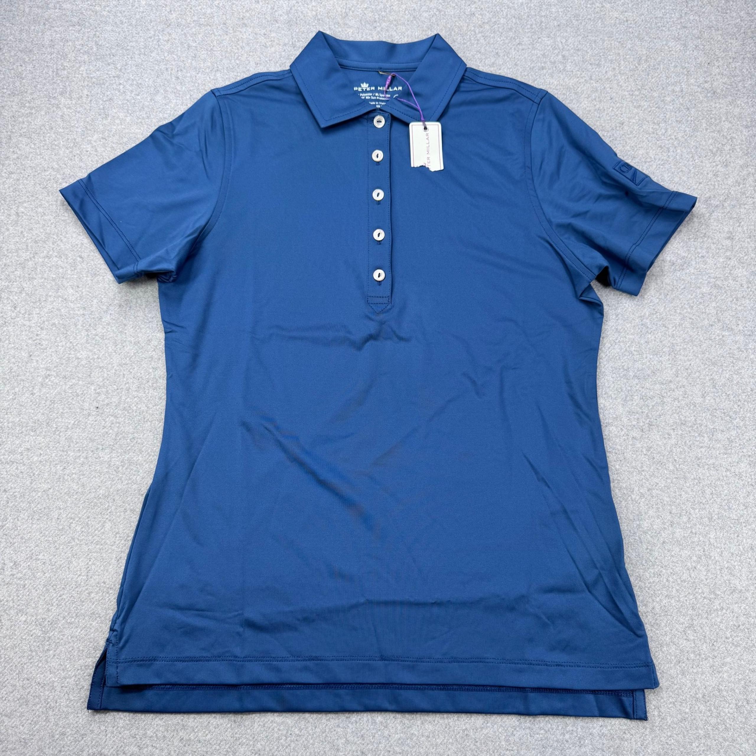 Peter Millar Short Sleeve Button Polo Womens S Navy Blue Performance Corp Logo