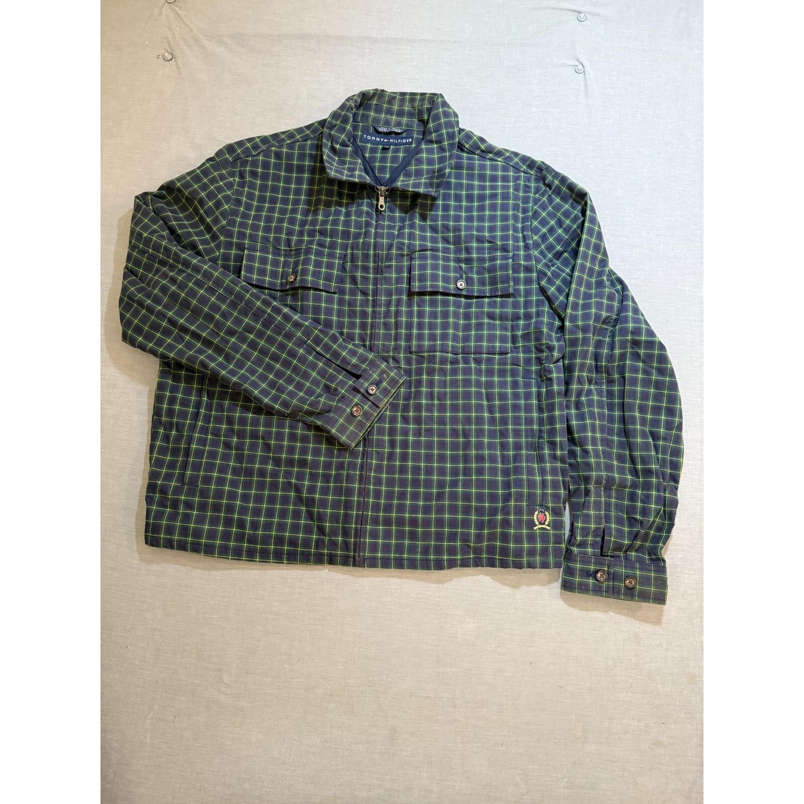 Vintage Tommy Hilfiger Jacket Coat Adult XL Full Zip Blue Check Long Sleeve Mens