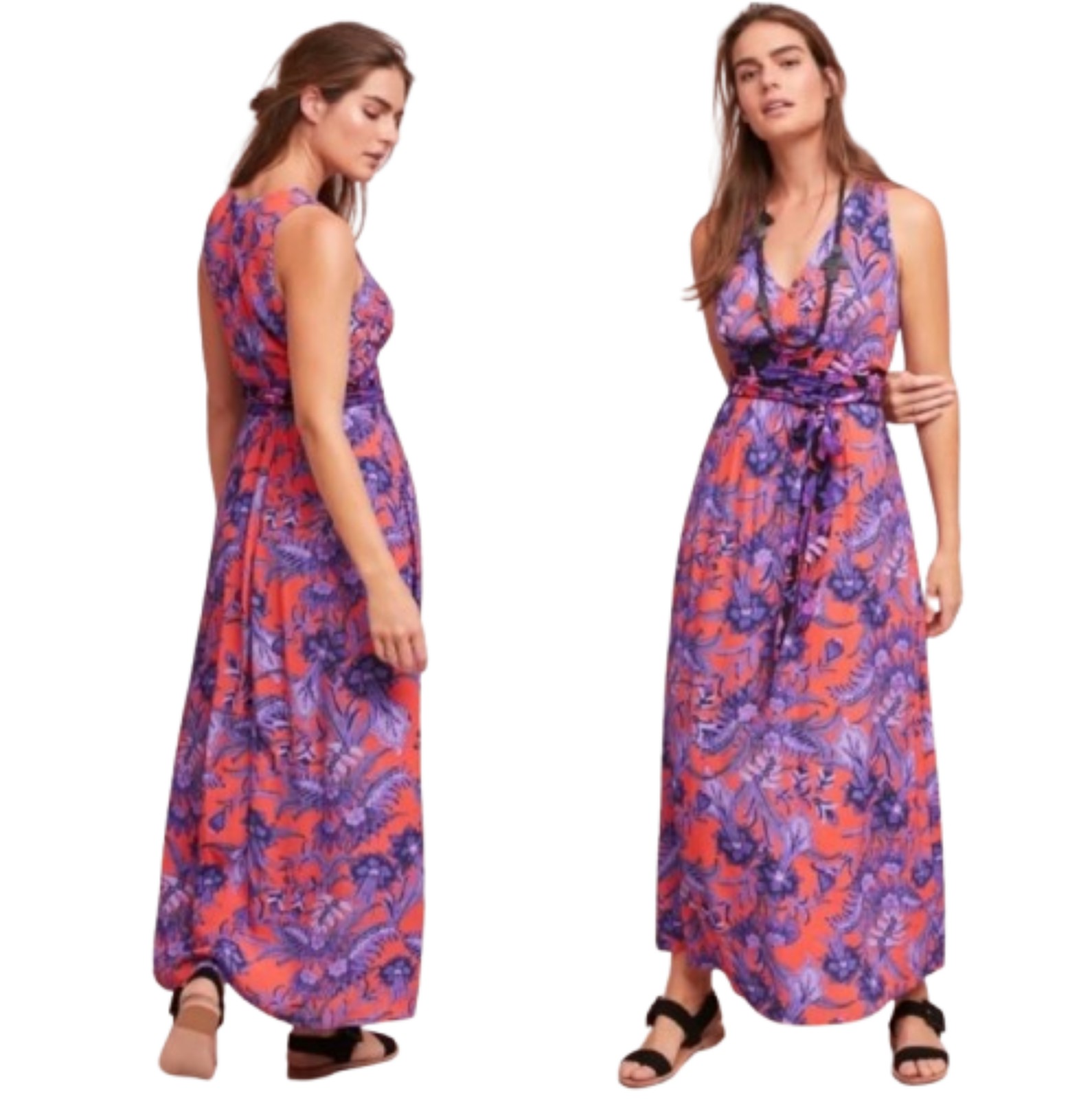 Maeve Anthropologie Macie Maxi Dress Floral Print Red Purple Pockets Sleeveless