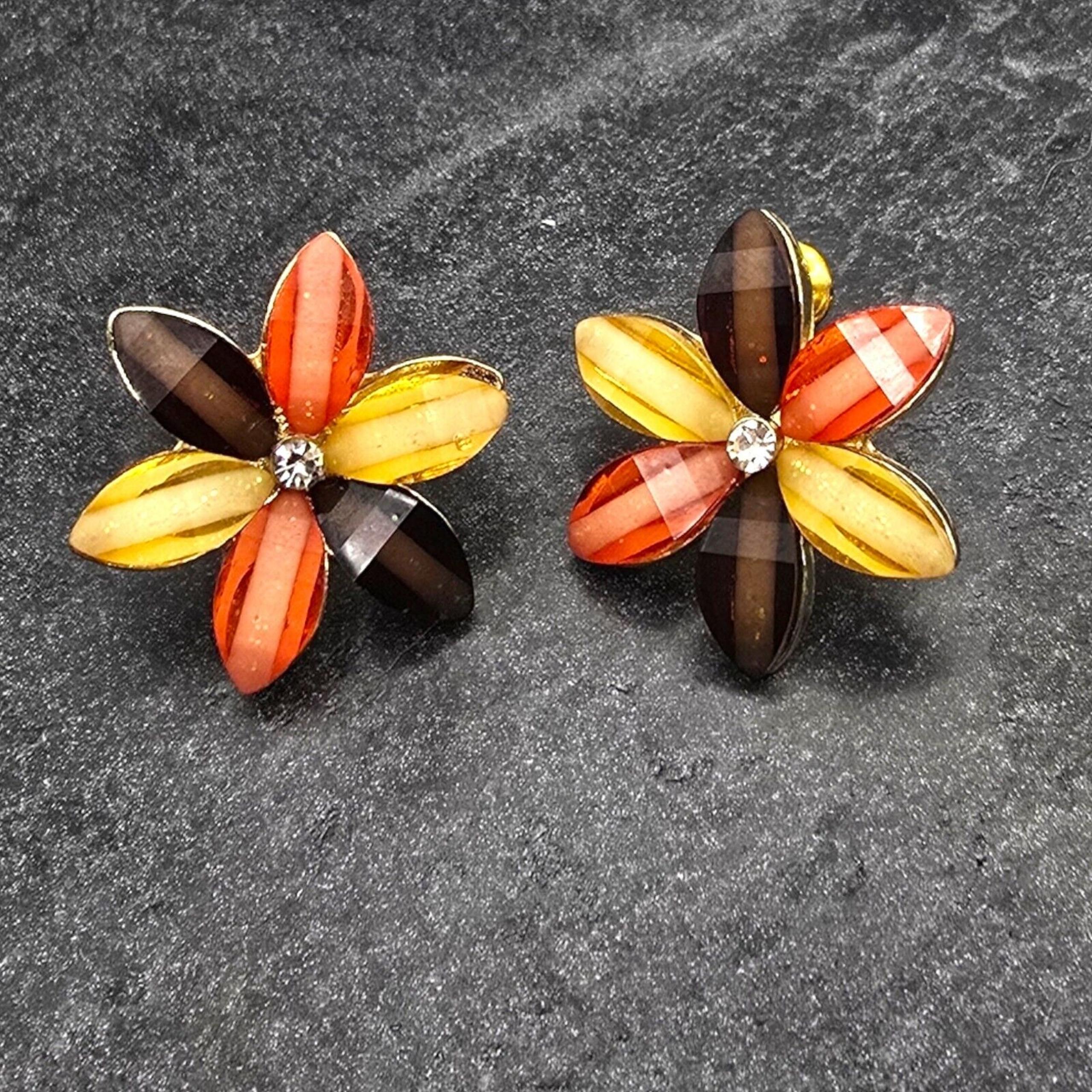 Small Floral Earrings Flower Warm Brown Earth Color Tone Faceted Acrylic Beads