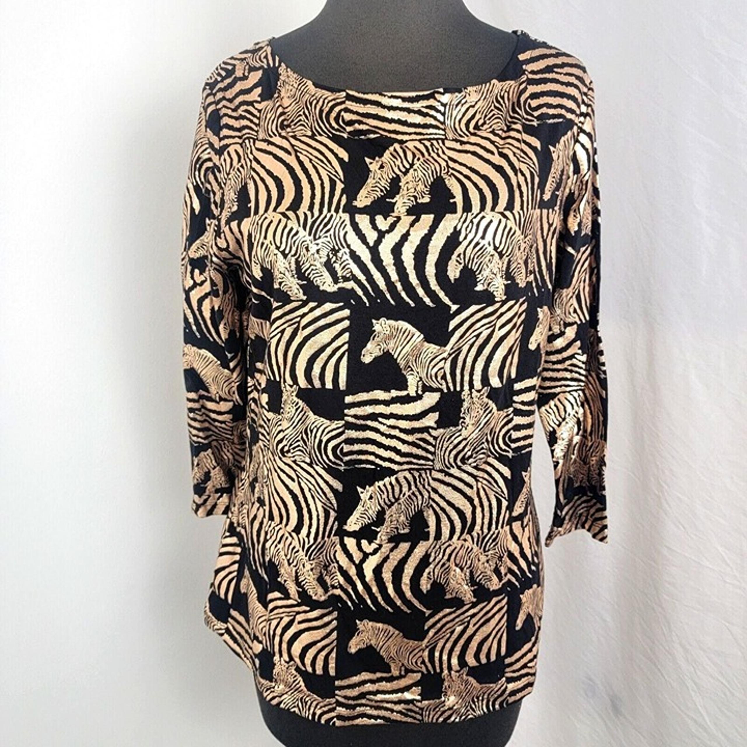 Rebecca Malone Women's Top Shirt Pullover NEW Sz M Medium ZEBRA rose gold shiny