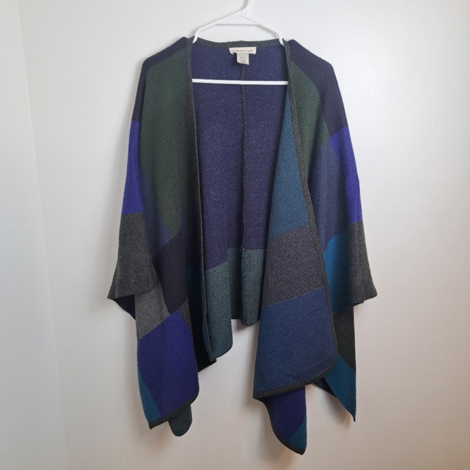 Coldwater Creek Blue Green Colorblock Wool Blend Shall Poncho One Size