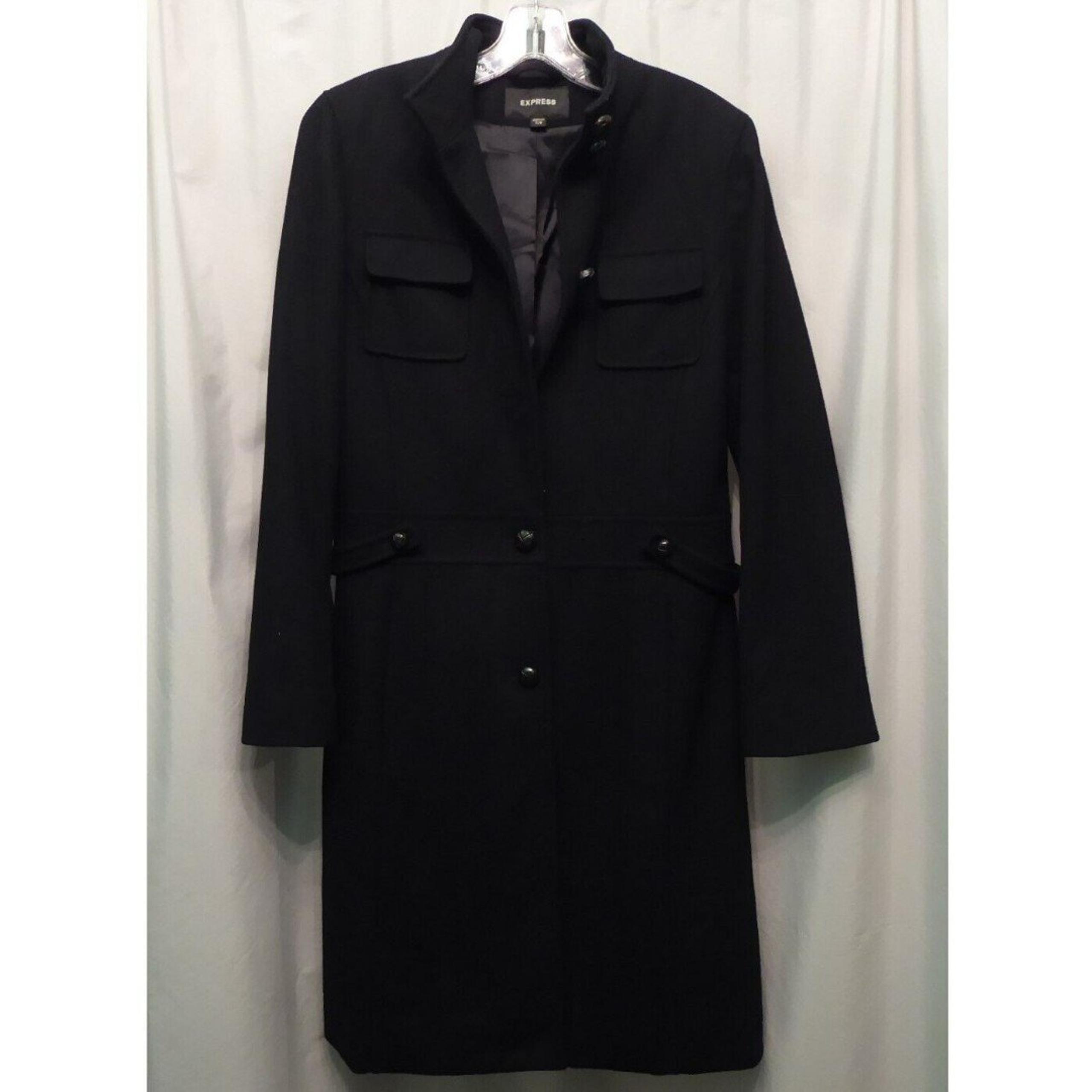 Womens Express Black Wool Peacoat Pea Coat Mid Length Jacket 7/8