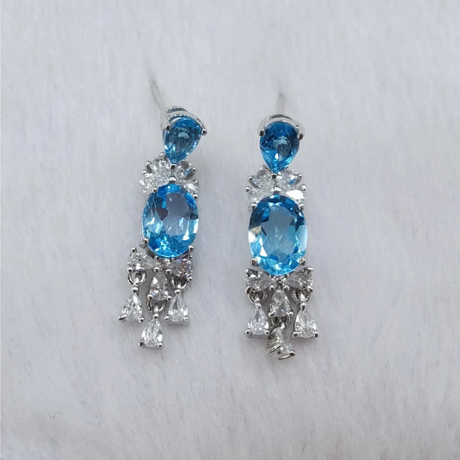 Swiss Blue Topaz Long Dangle Earrings, Natural Blue Topaz Dangle Earrings