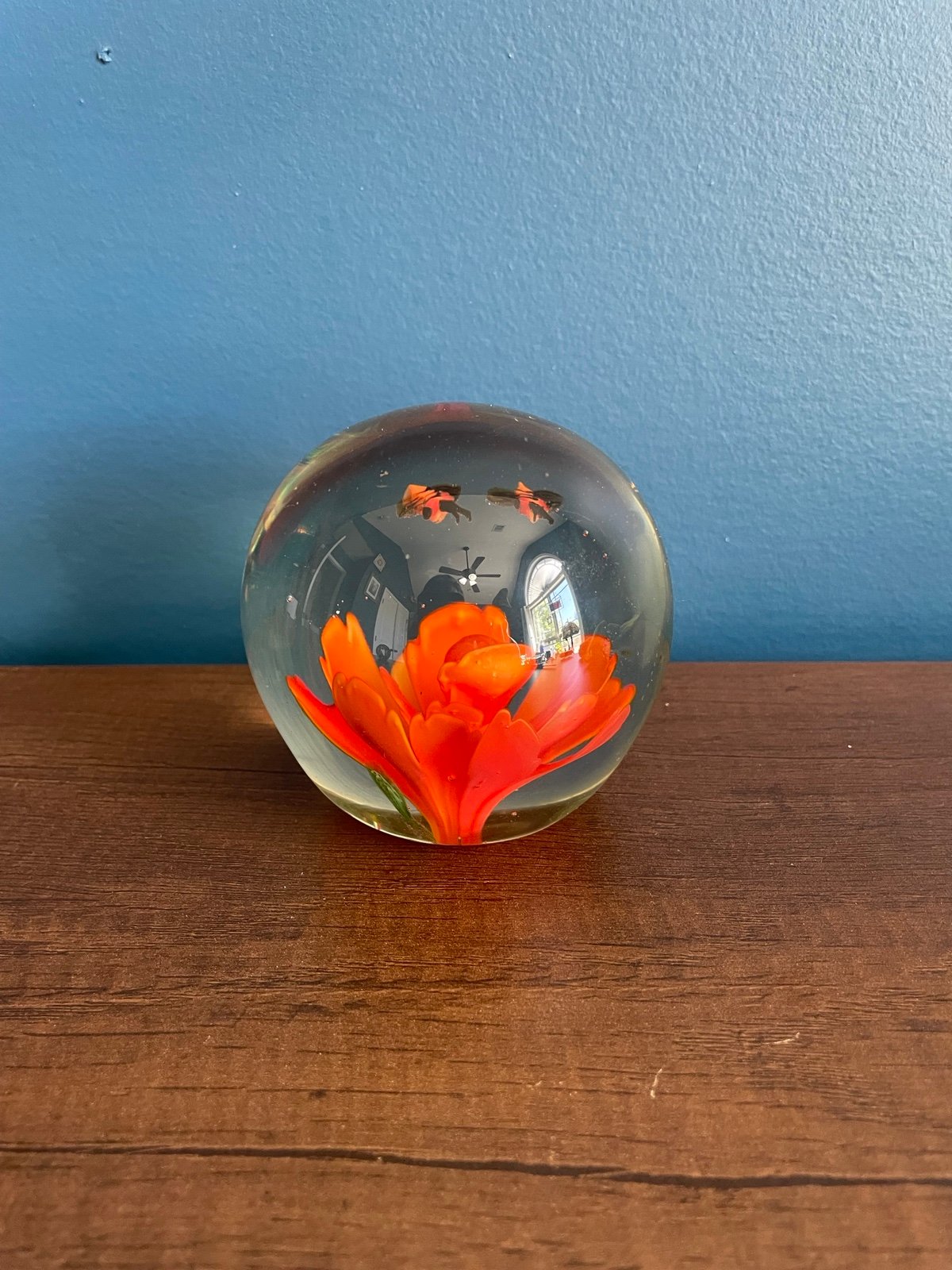 Blown Glass Globe Paperweight Orange Red Lilly Flower Flying Dragonfly Insect