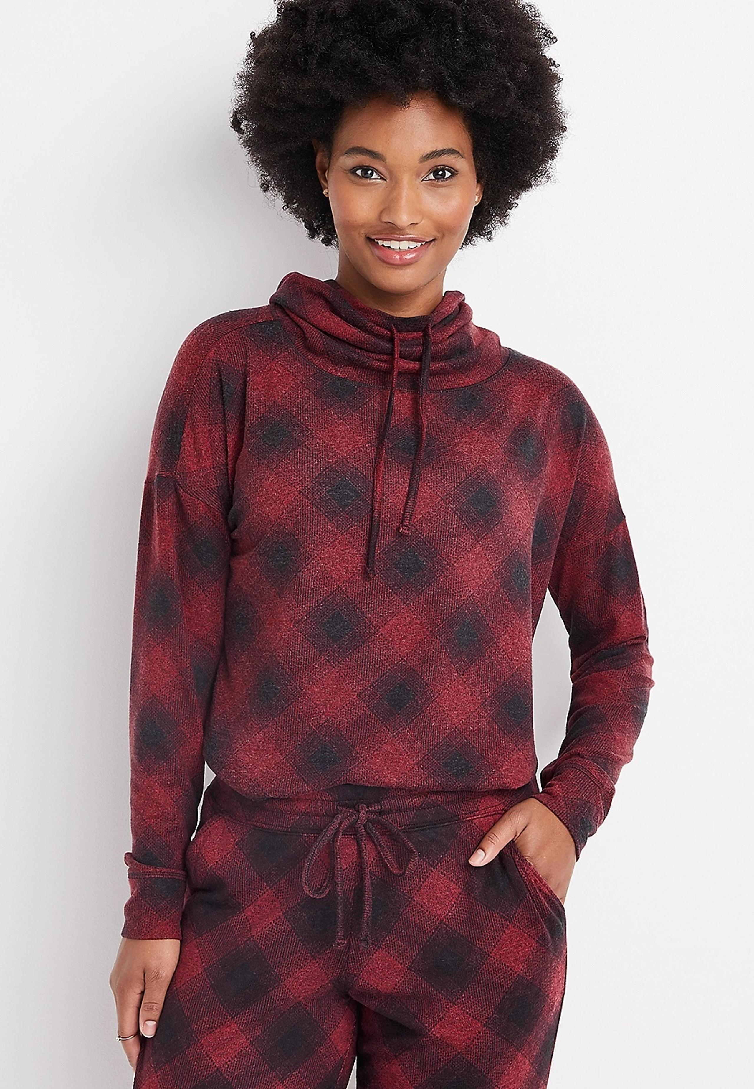 Maurices Lakeside Cozy Plaid Sweatshirt Cowl Mock Neck Sweater Red Women Small S
