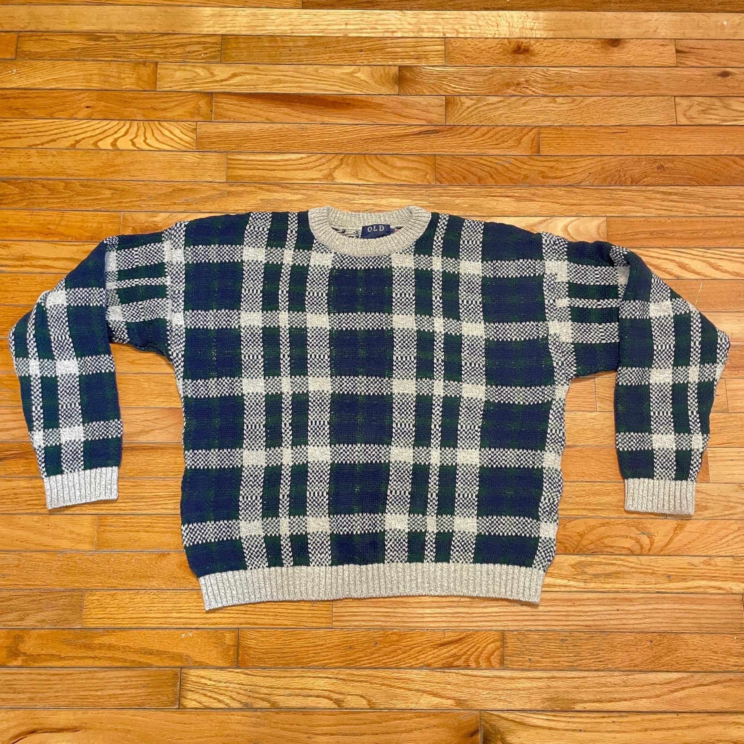 Vintage 90’s Old Glory Green Plaid Pattern Crewneck Cotton Sweater USA Made XL