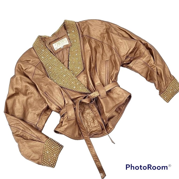 Vintage Twins Leather Co Embellished Metallic Genuine Leather Crop Jacket