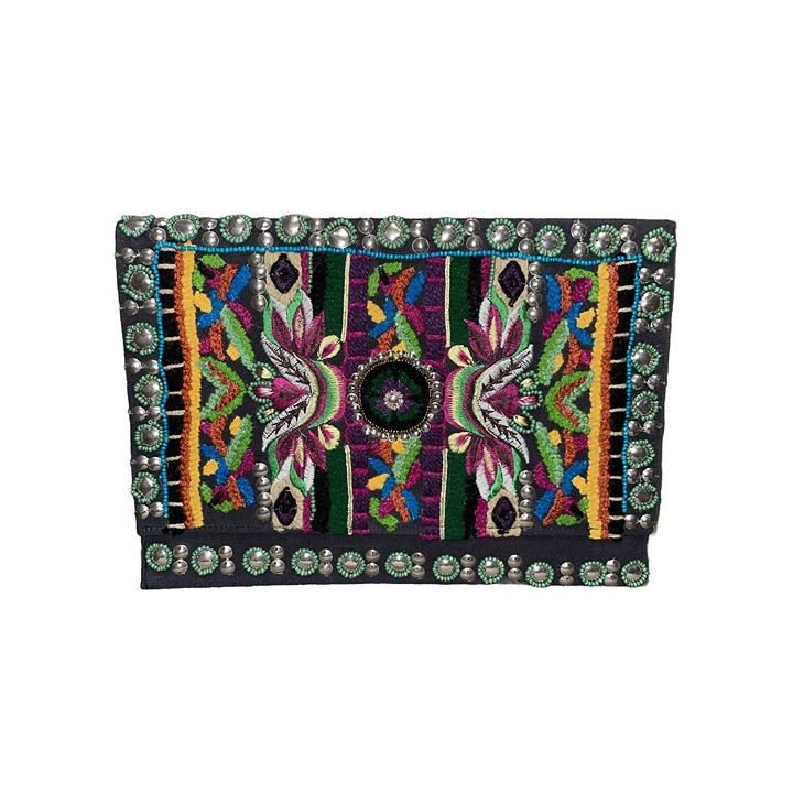 Antik Kraft Vintage Handmade Floral Embroidered Breaded Envelope Clutch Purse