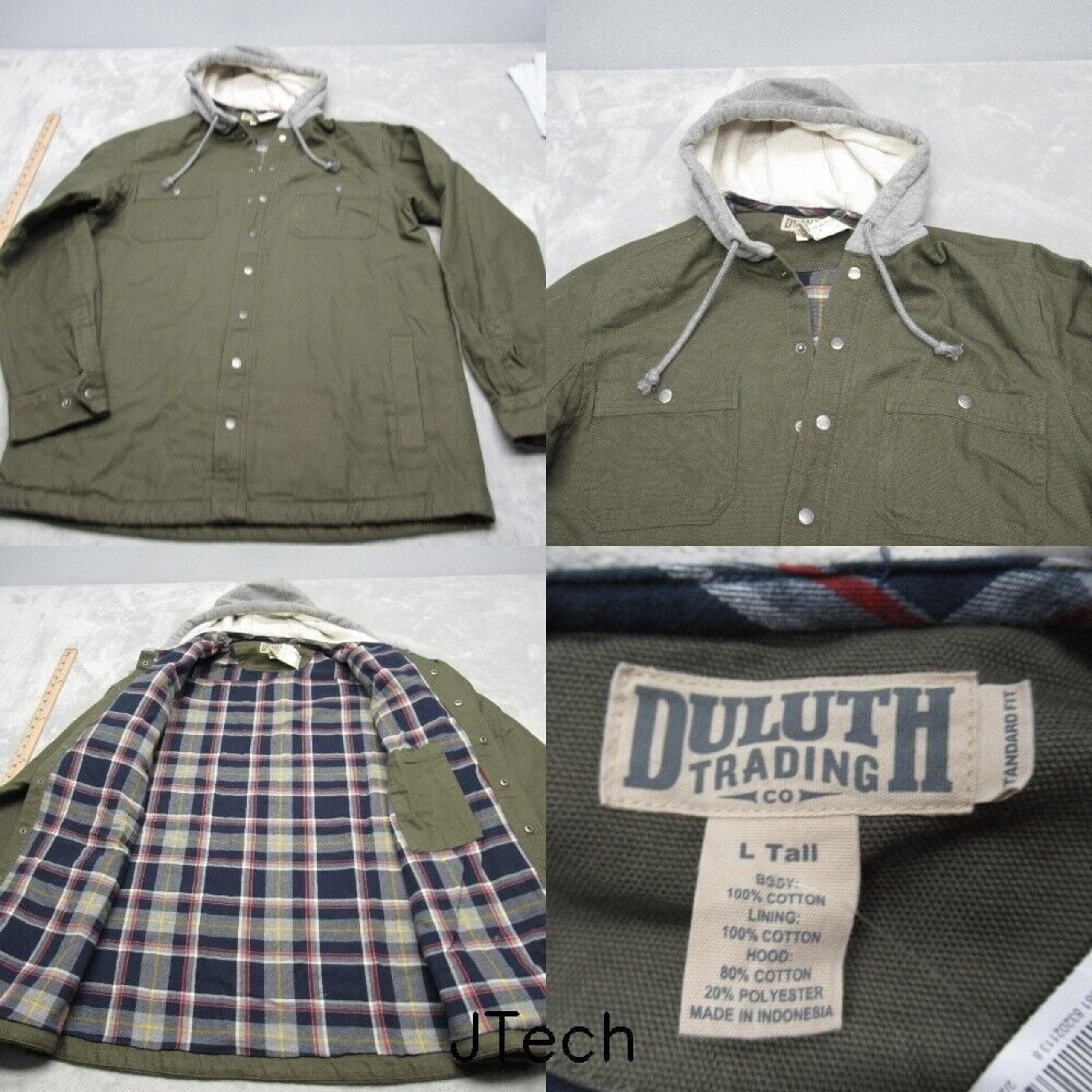 Duluth Trading Jacket Mens Large Tall Green Canvas Utility Hood Chore Plaid NEW