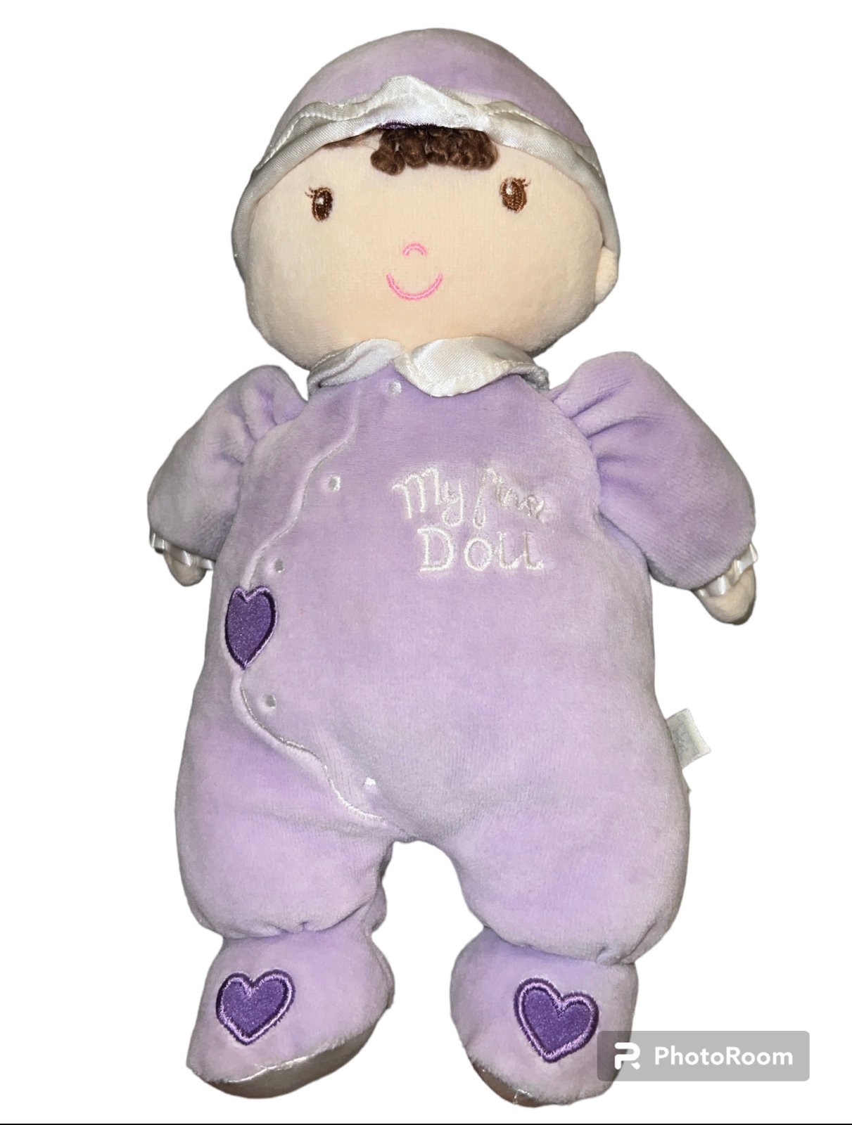 HTF Koala Baby My First Doll Brunette Purple Outfit With Hearts Baby Doll Lovey