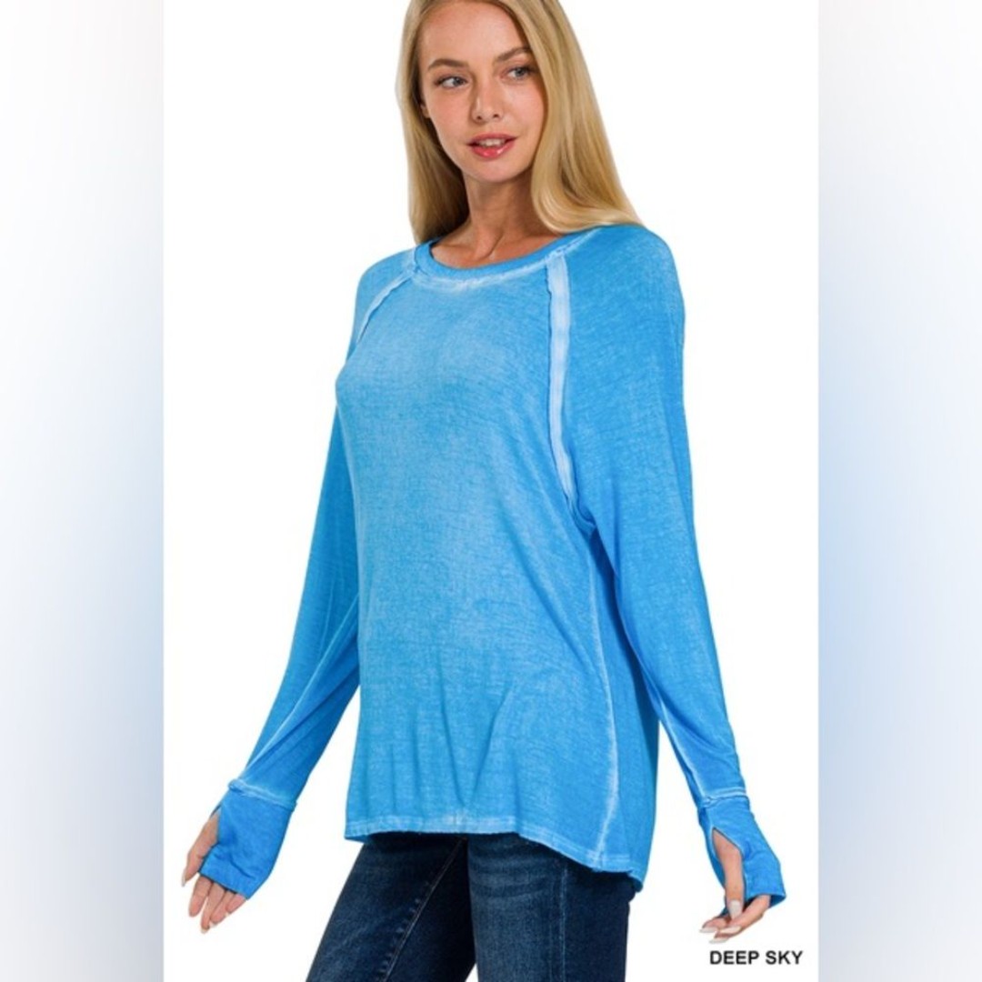 NEW! Zenana Washed Thumb Hole Cuffs Scoop-Neck Long Sleeve Top