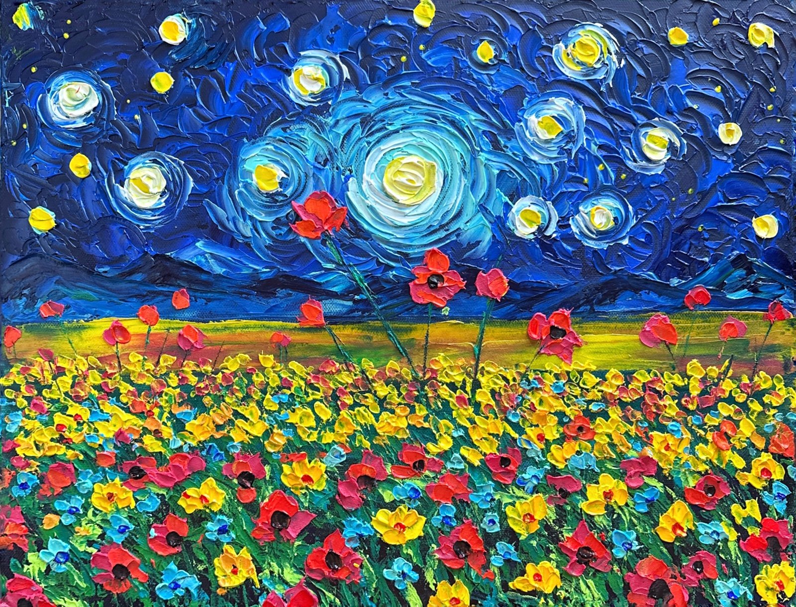 Textured paintings, artwork Stary Night & Poppies