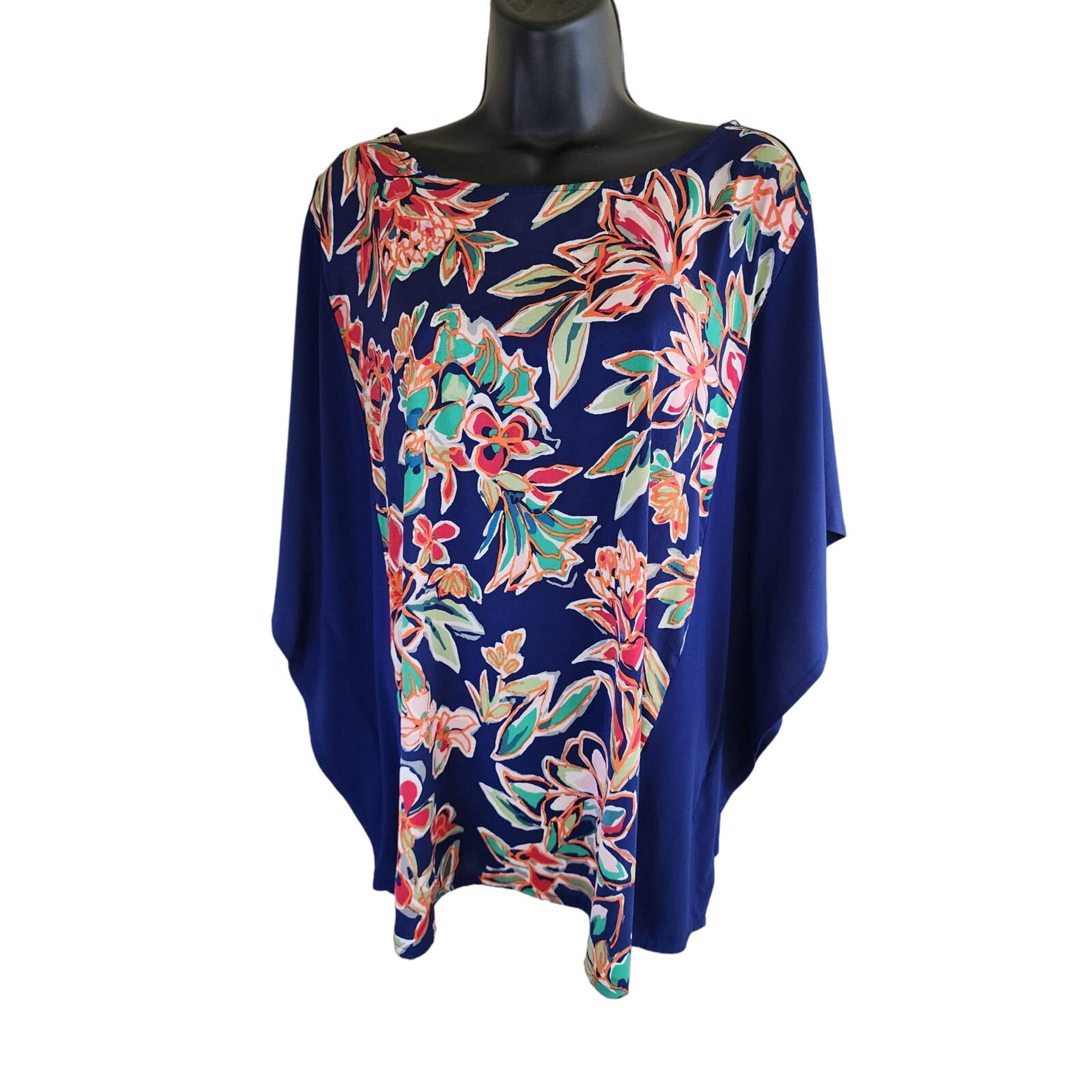 BOB MACKIE WEARABLE ART Blue Floral Print Cape Sleeve Tunic Top SZ 1X