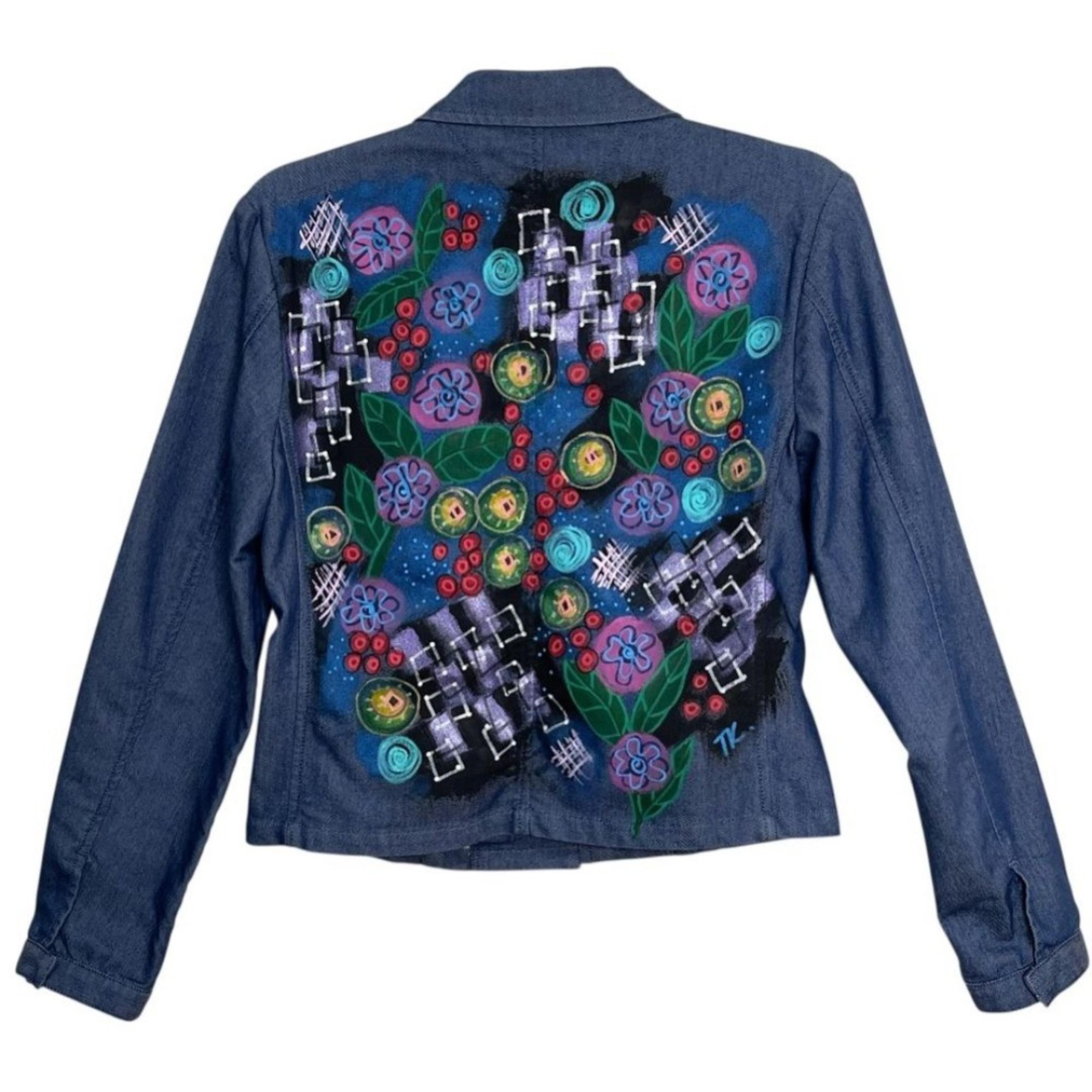 Vintage Tommy Hilfiger Art to Wear Blue Denim Jacket Women 4 Hand Painted Snaps