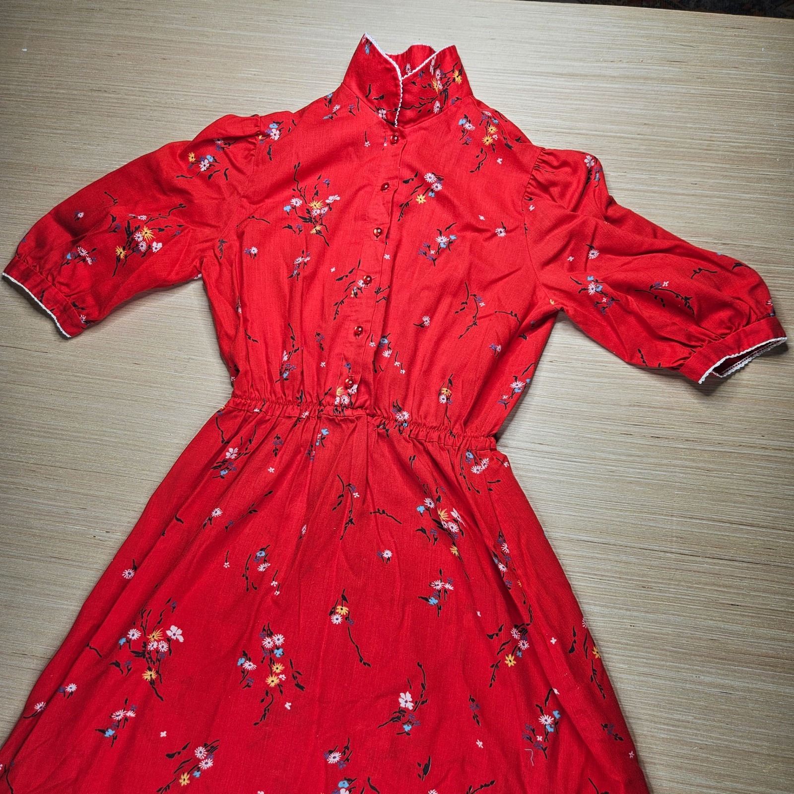 Vintage Sears JR Bazaar Red Floral Front Button Prairie Dress Size 11 Boho READ
