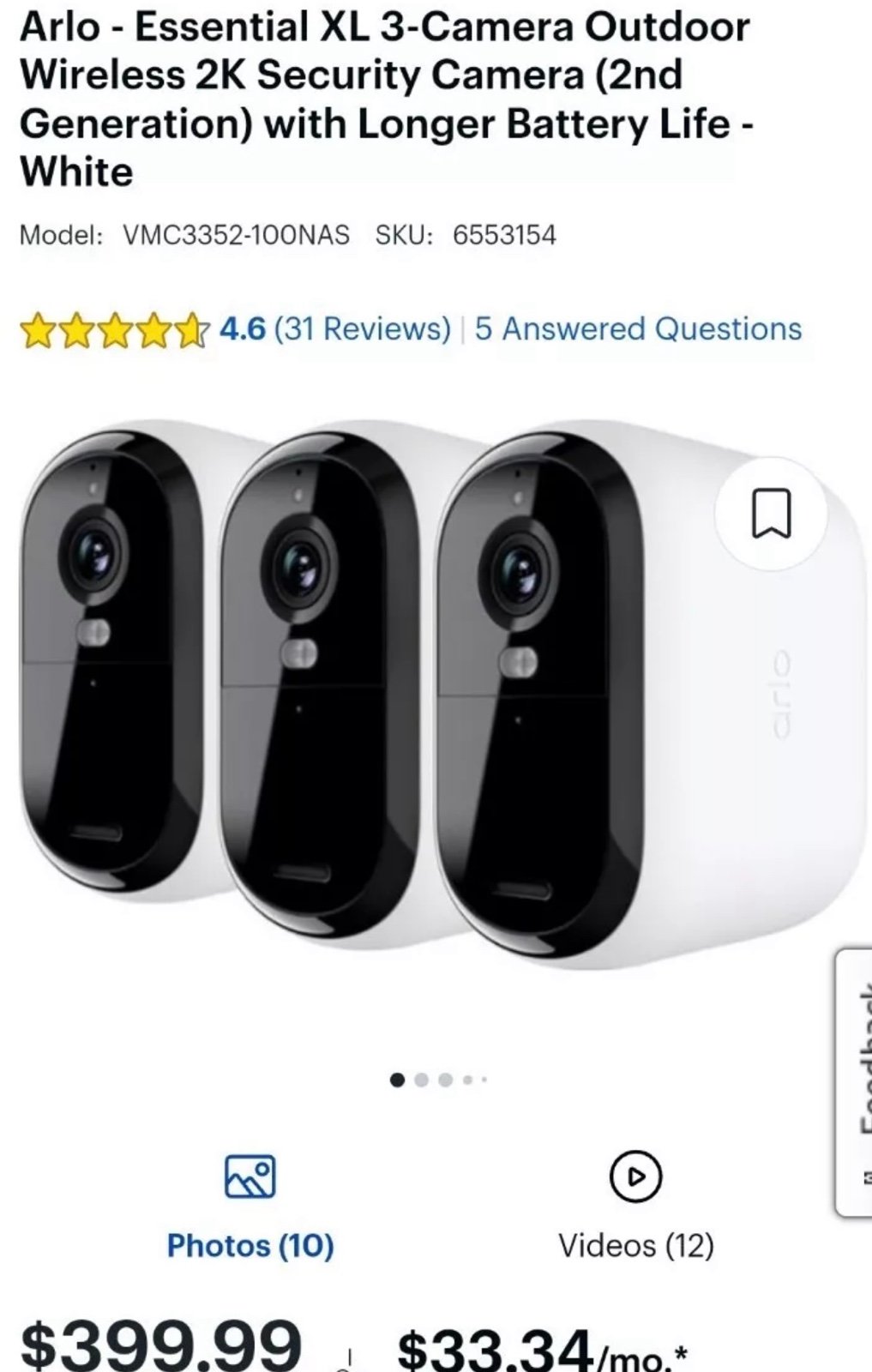 Arlo Essential XL 3 Camera Outdoor Wireless 2K 2nd Generation VMC3352-100NAS
