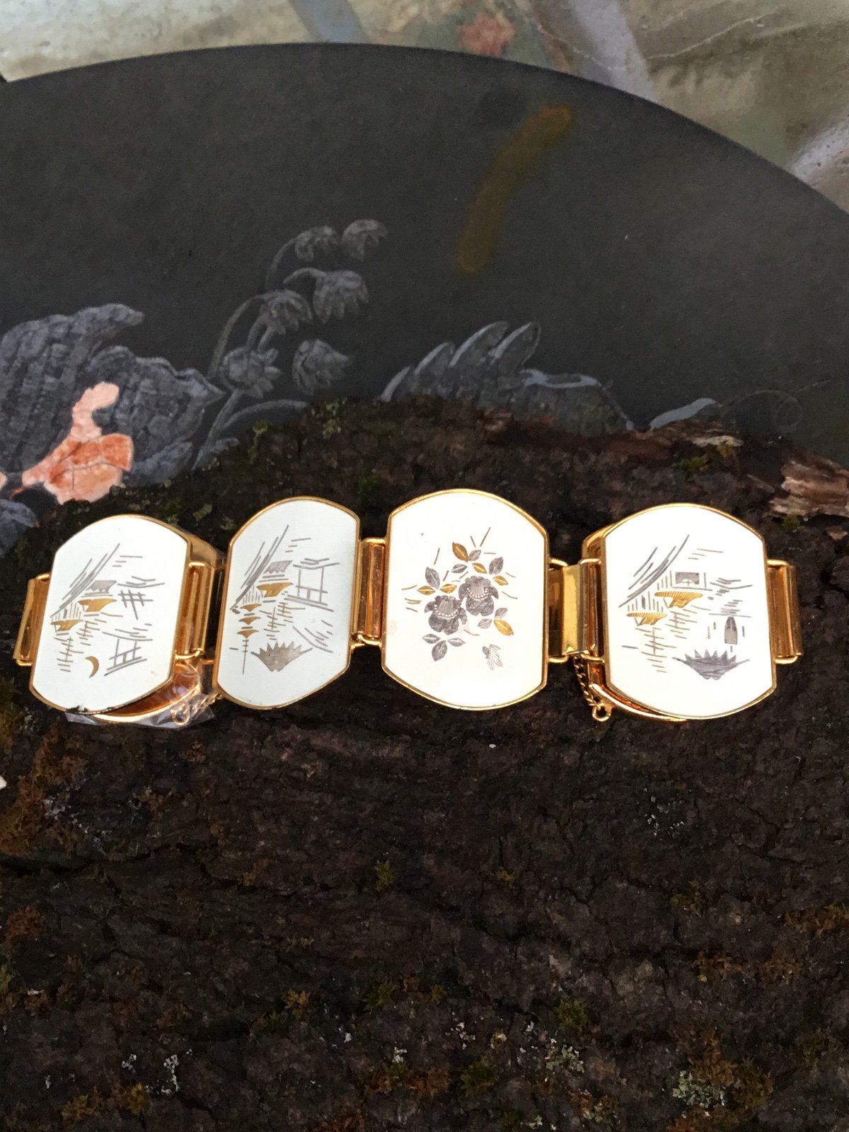 Japanese panel etched white enamel bracelet