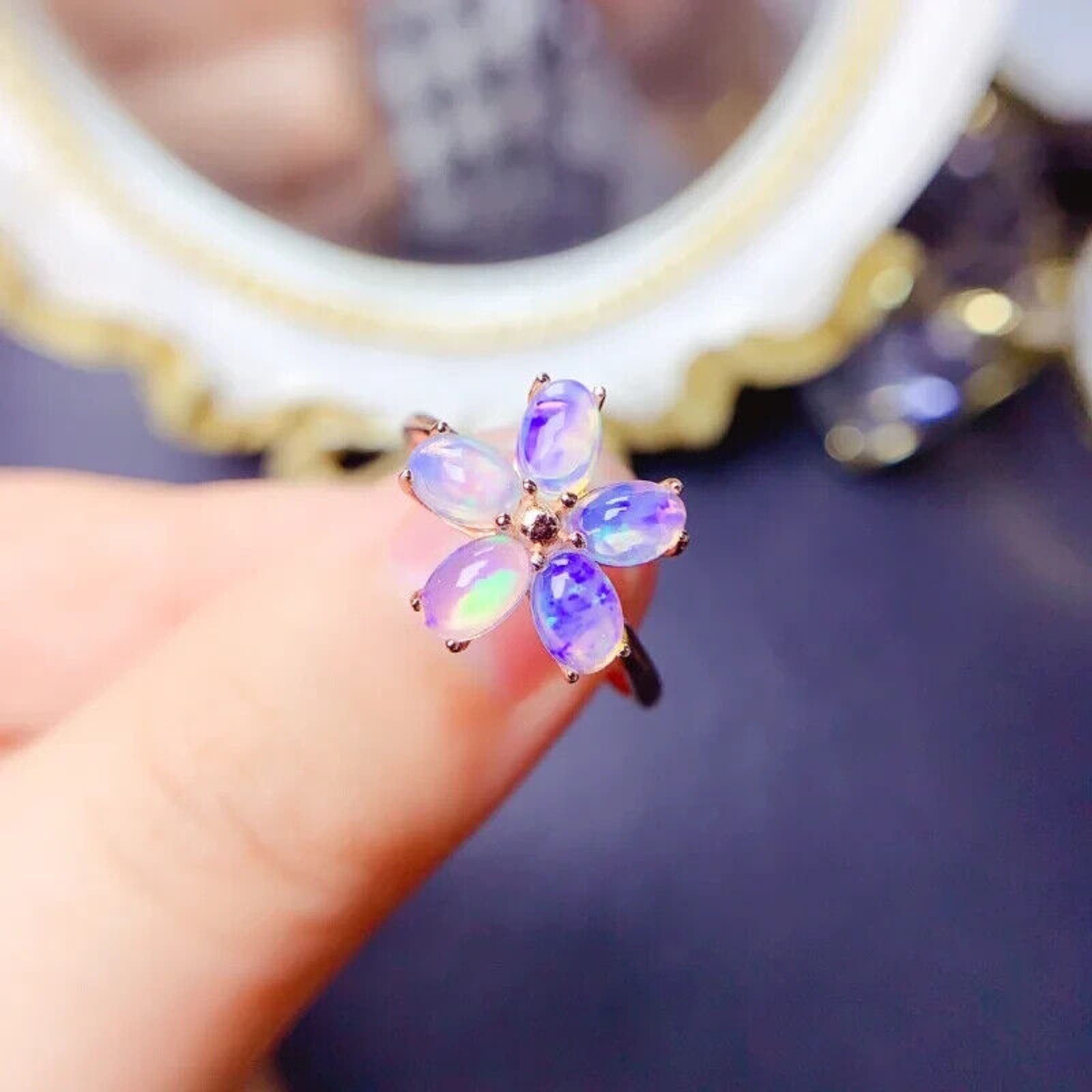 Australian Opal Flower Ring, Fire Opal Cocktail Ring, Fire Opal Flower Ring