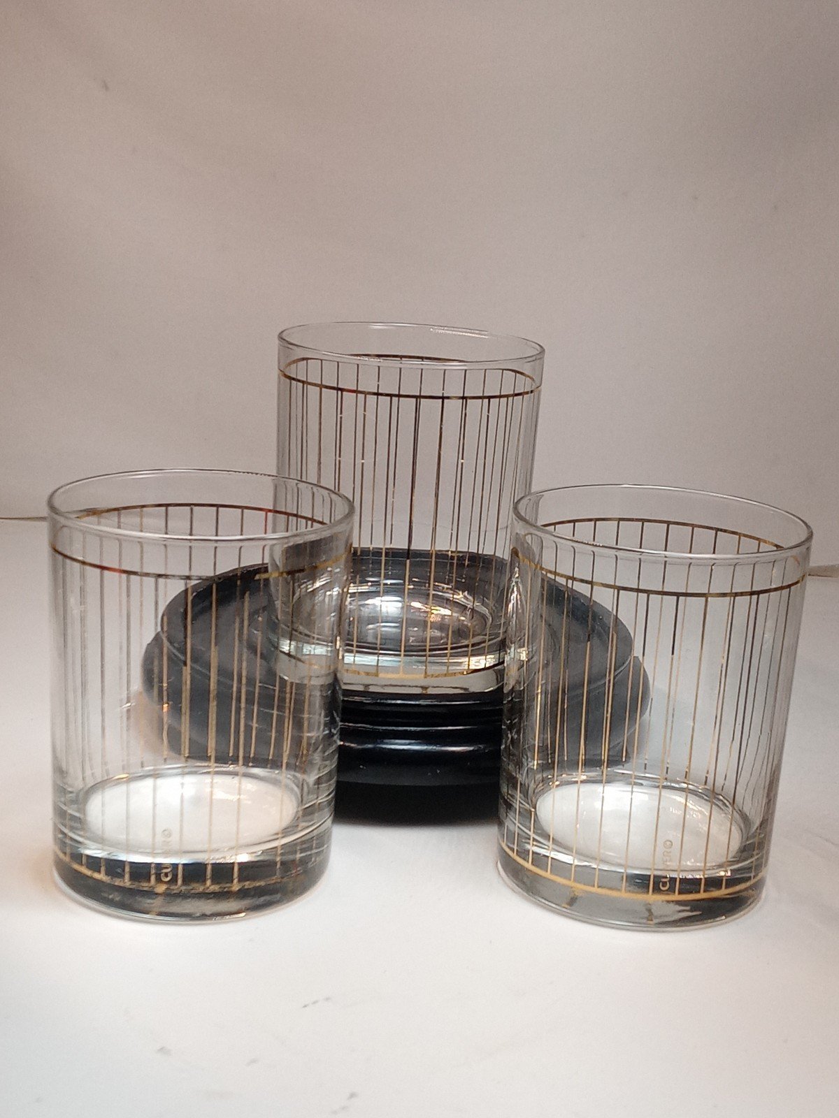 Set of 3 Vtg MCM Culver Devon Gold 22k Lowball Whiskey Old Fashioned Glasses.