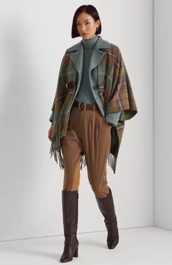 NWT❤️Lauren Ralph Lauren Plaid for Fringe-Trim Wool-Blend Poncho szPM/L