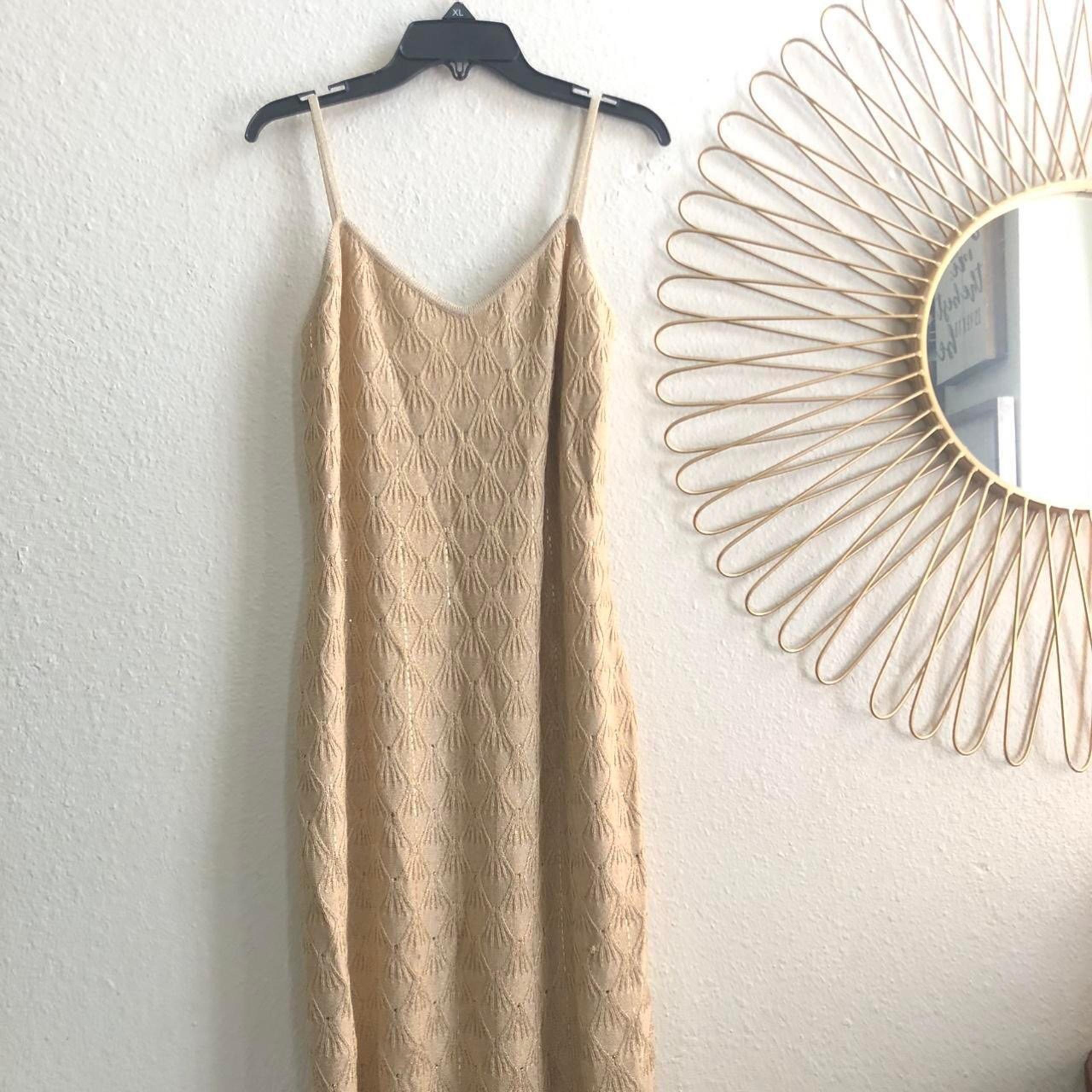 St John Evening Marie Gray Gold Stretch Fan Knit Crystals Maxi Dress Cami USA