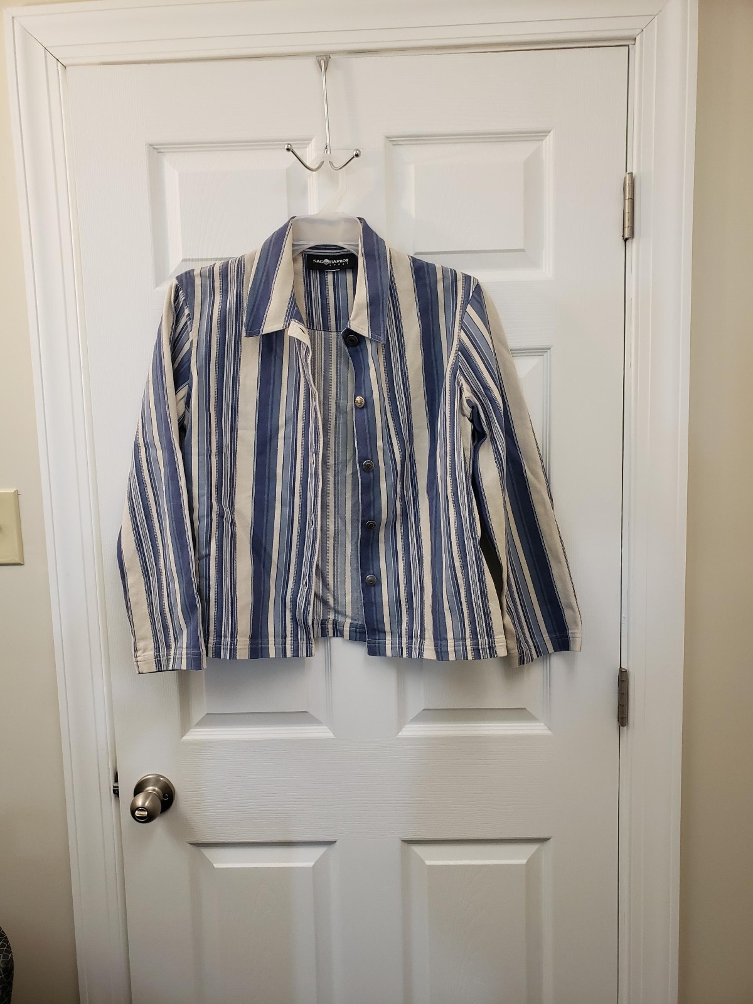 Sag Harbor Sport, blue & white, denim, long sleeve button down jacket, coat, LG