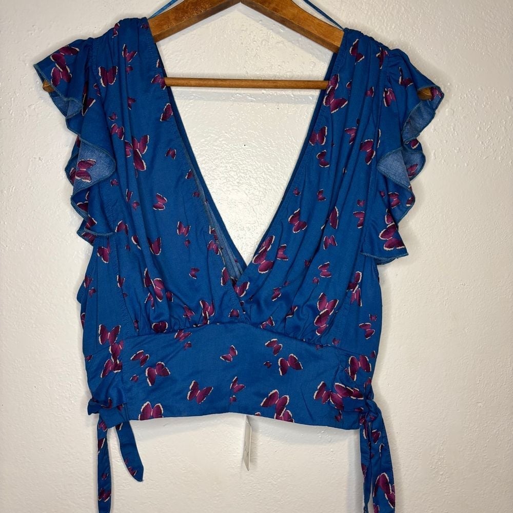 Free People Blue Purple Crop Top Butterfly Flowy Women's Blouse Large Pretty NWT