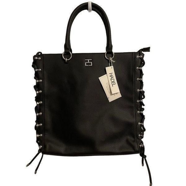 Hadel Black Vegan Faux Leather Tote Bag NWT