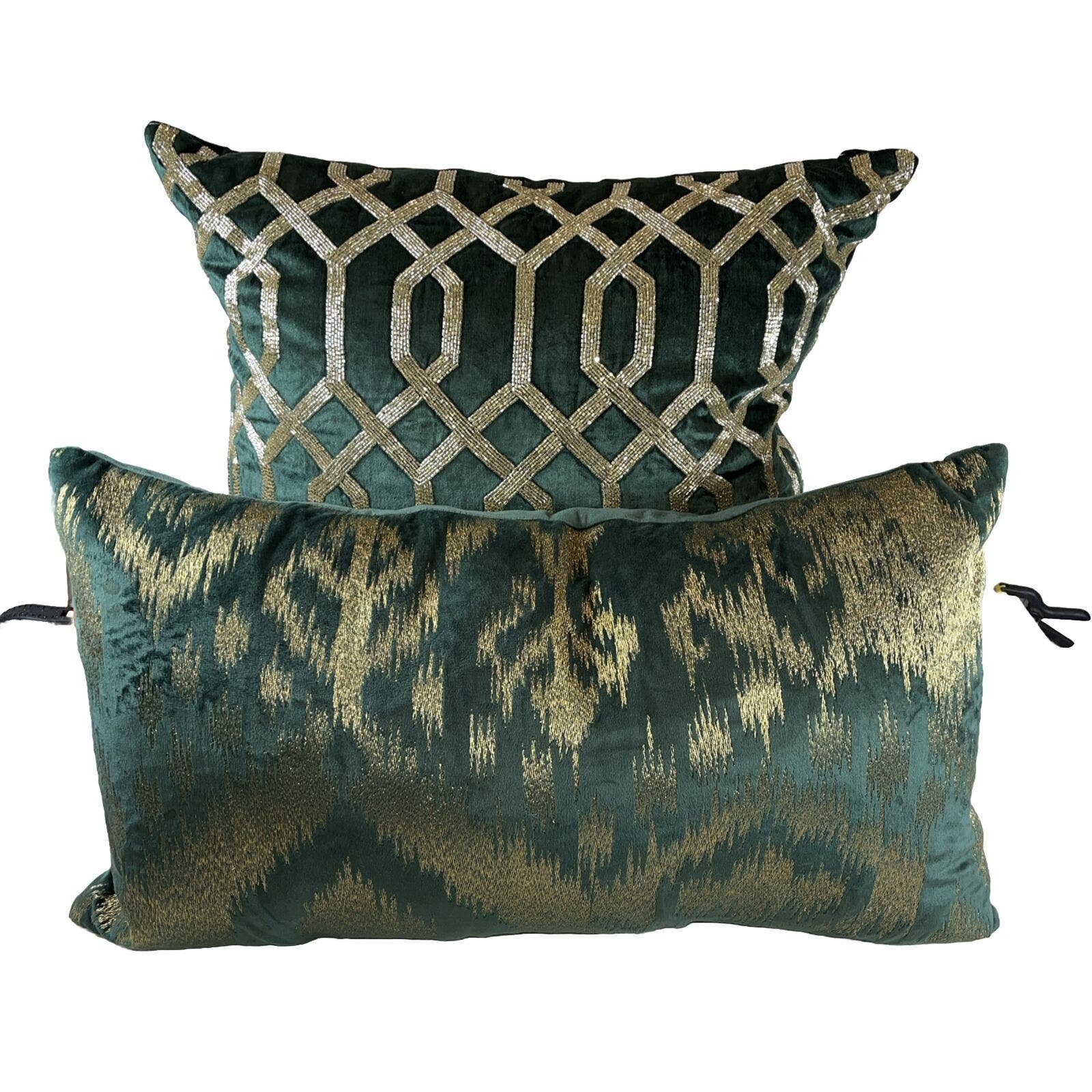 Callisto Home Green Velvet W Gold Embroidery Beads Pillow Pair