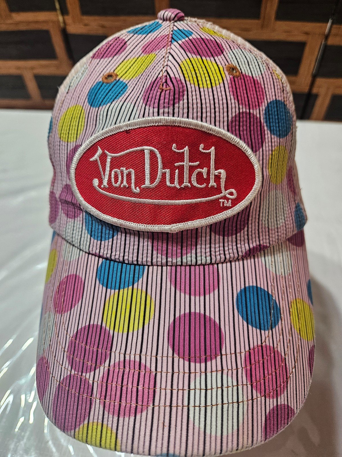 Vintage RARE FIND Von Dutch Pink Polka Dot Adjustable Snapback Mesh Cap UNISEX