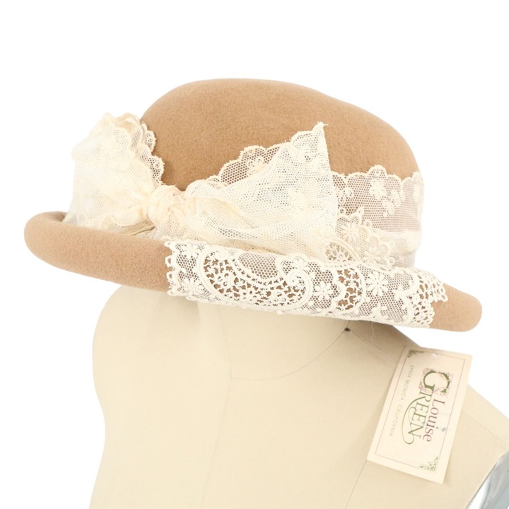 NWT Louise Camel Brown Vintage Ivory Floral Lace Ribbon Bow Felt Hat