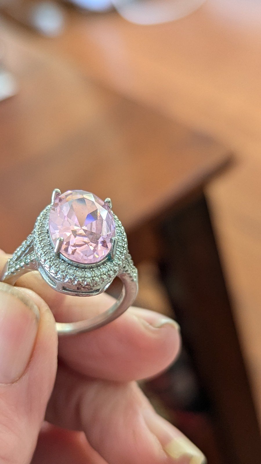 Beautiful solid Sterling Silver and Pink Morganite and diamond ring.