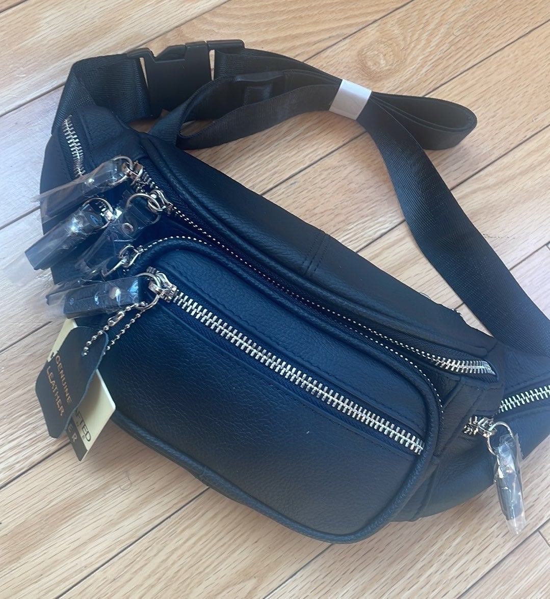 BLACK Leather Fanny WAIST Pack BAG *NEW
