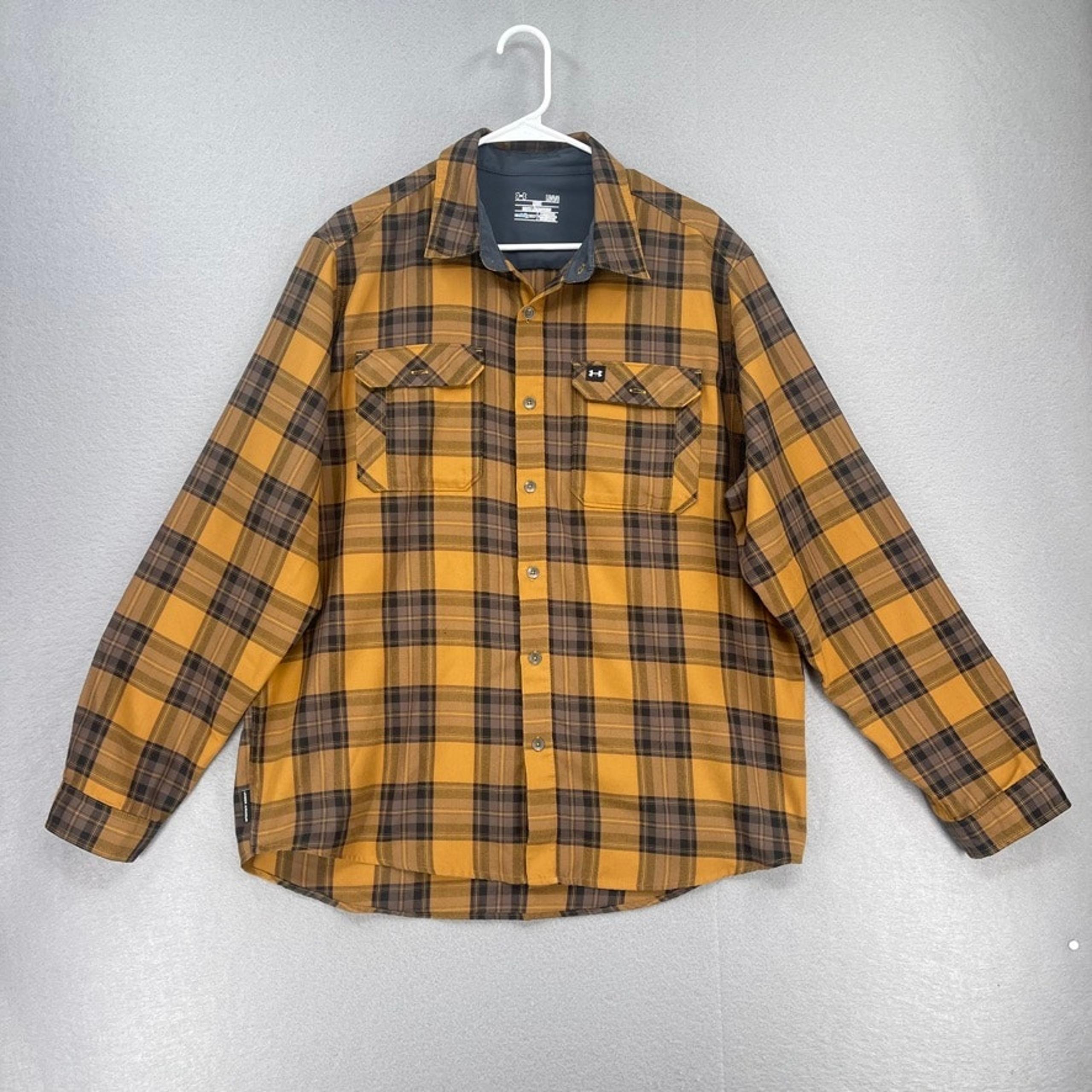Under Armour Shirt Mens Large Yellow Plaid Button Front Loose Cold Gear Outdoor