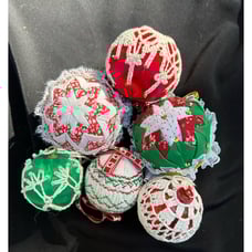 6 Vtg Folded Fabric Quilted & Crocheted Christmas Ball Ornaments Farmhouse -S76