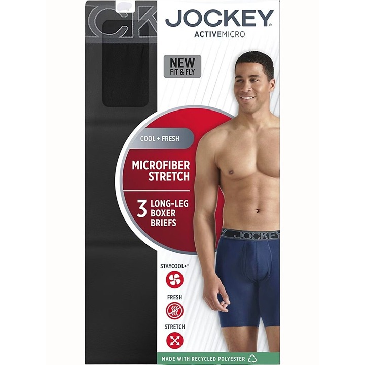 Jockey Mens Active Microfiber Stretch Long Leg Boxer Briefs 3 Pack Black NEW XL