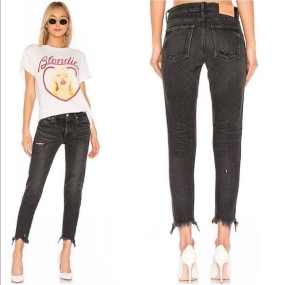 Moussy Vintage Kelly Button Fly Chewed Hem High Rise Distressed Charcoal Jeans
