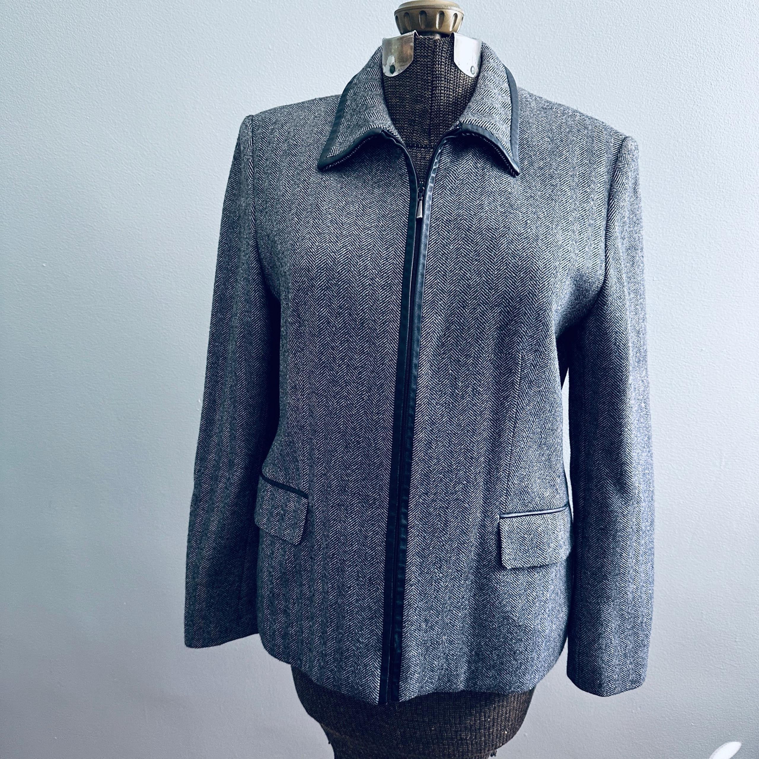 Vintage Talbots black herringbone wool and leather piping full zipper jacket