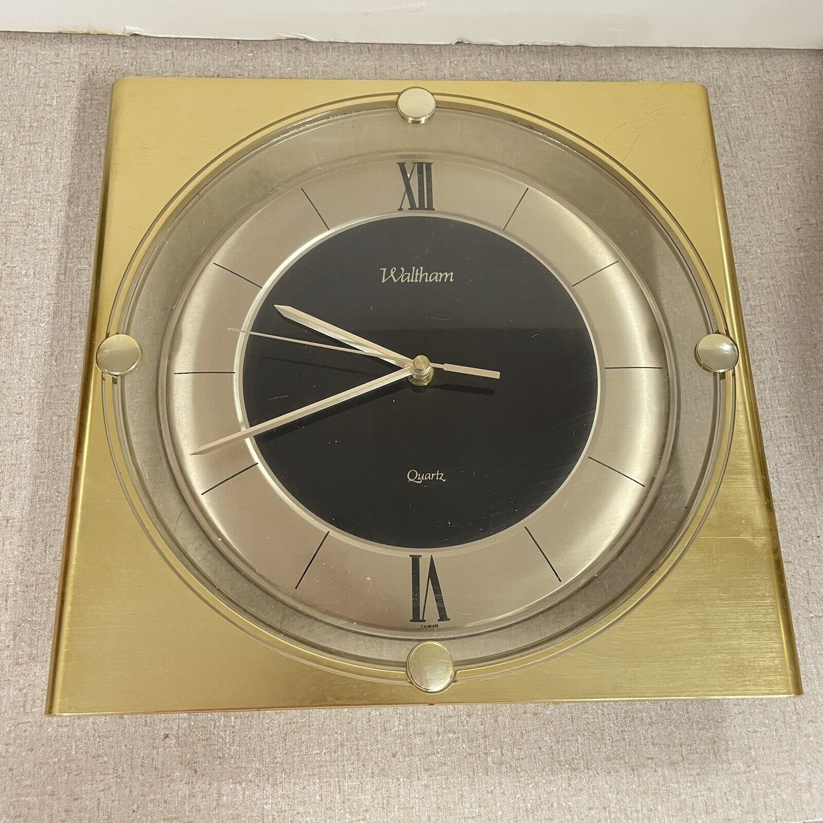 MCM VINTAGE Waltham Quartz Wall 11 Square Clock Gold Clear Art Deco - LM