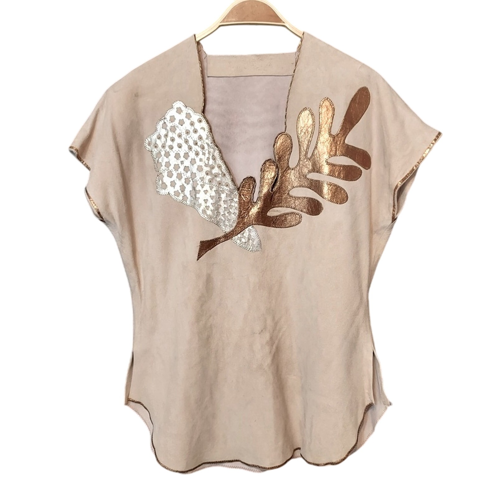 Vintage Ultra Suede Beaded Leather Metallic Patchwork V-Neck Tunic Blouse Top