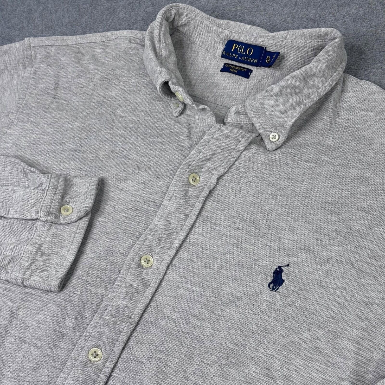 Polo Ralph Lauren Mens XL Gray Button Up Featherweight Mesh Navy Pony Preppy