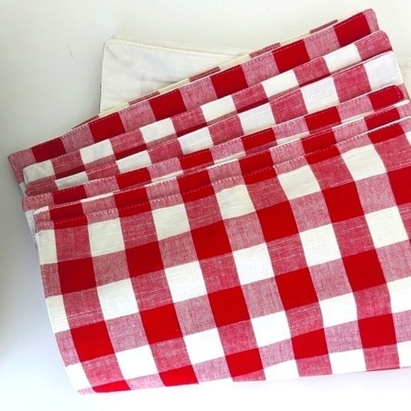 NWT Alsace Red White Gingham Fabric Placemats Set 7 French Country Table Linens