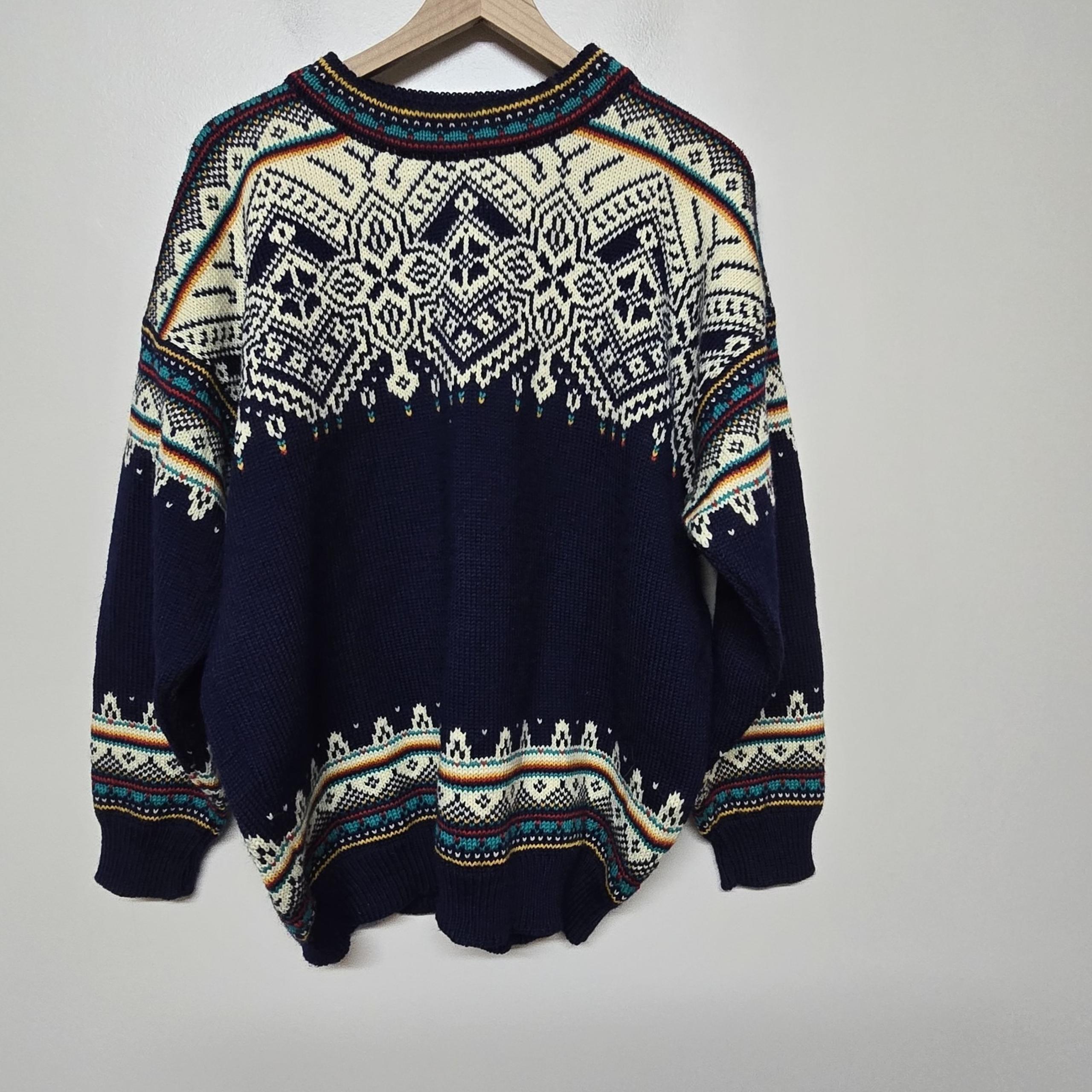 Dale Of Norway Men Nordic Pattern Knit Sweater Thick Wool Navy Blue Sz Large