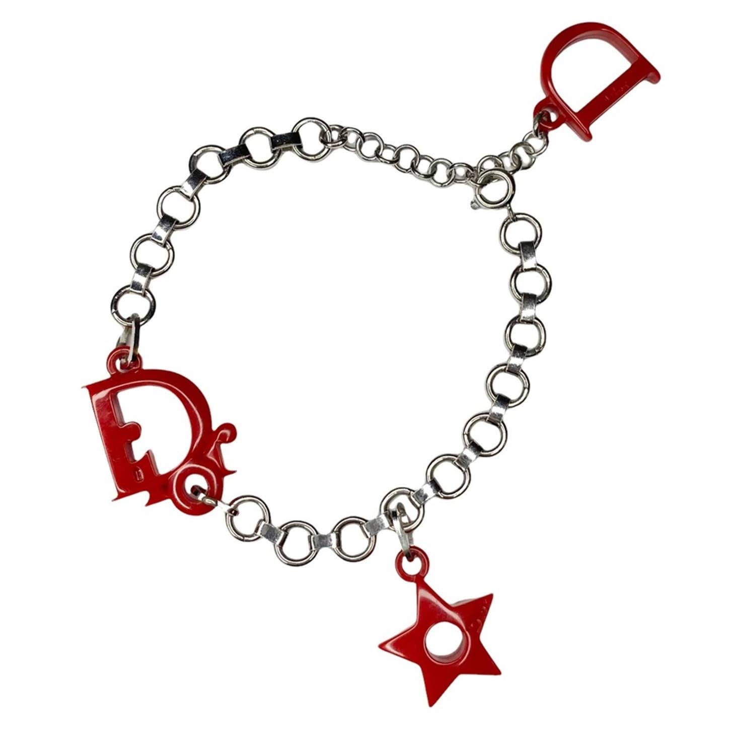 VTG Christian Dior Silver Chain Link Red Acrylic Logo Star Charm Bracelet