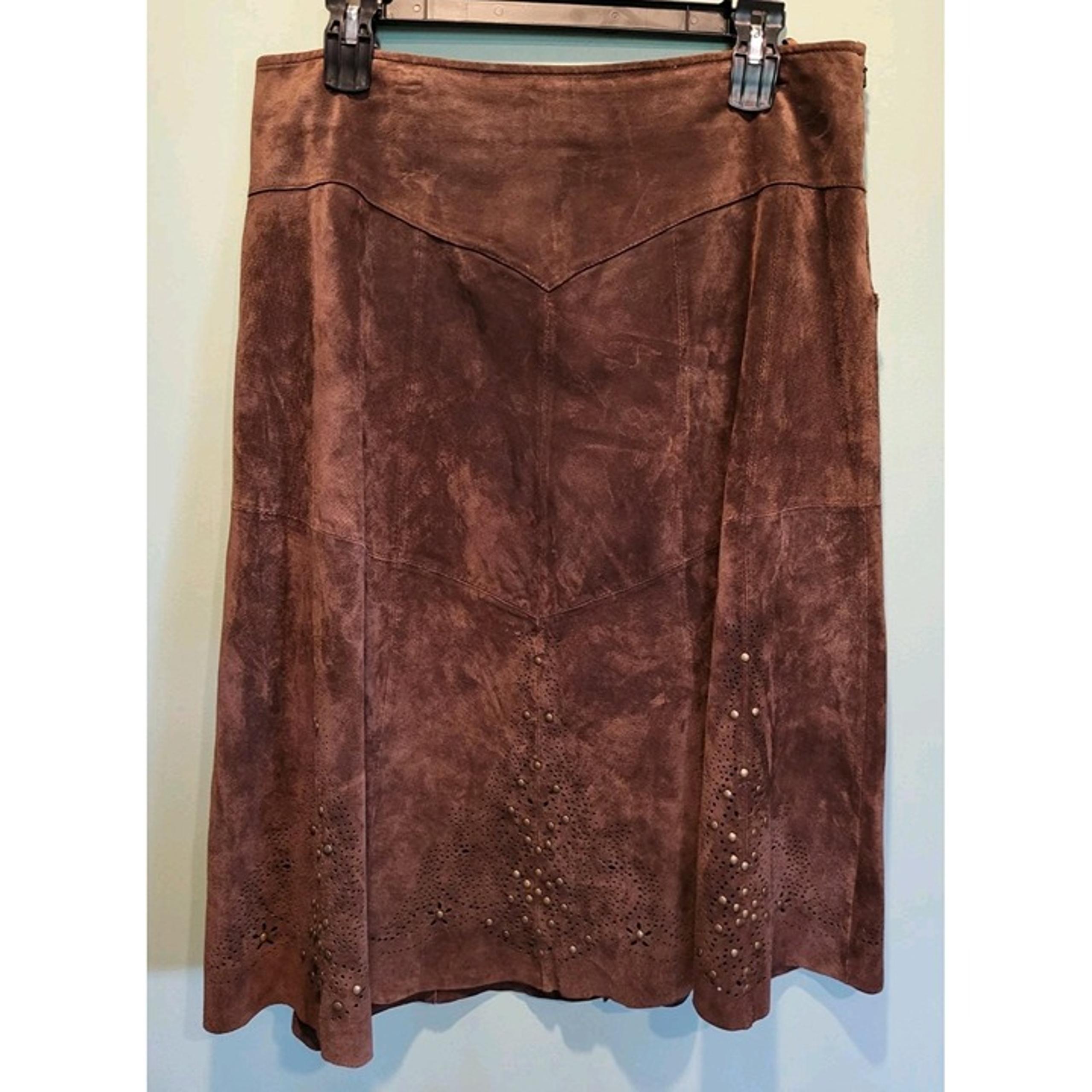 Coldwater Creek Brown Suede Leather A-line Studded Eyelet Midi Skirt Sz XLp