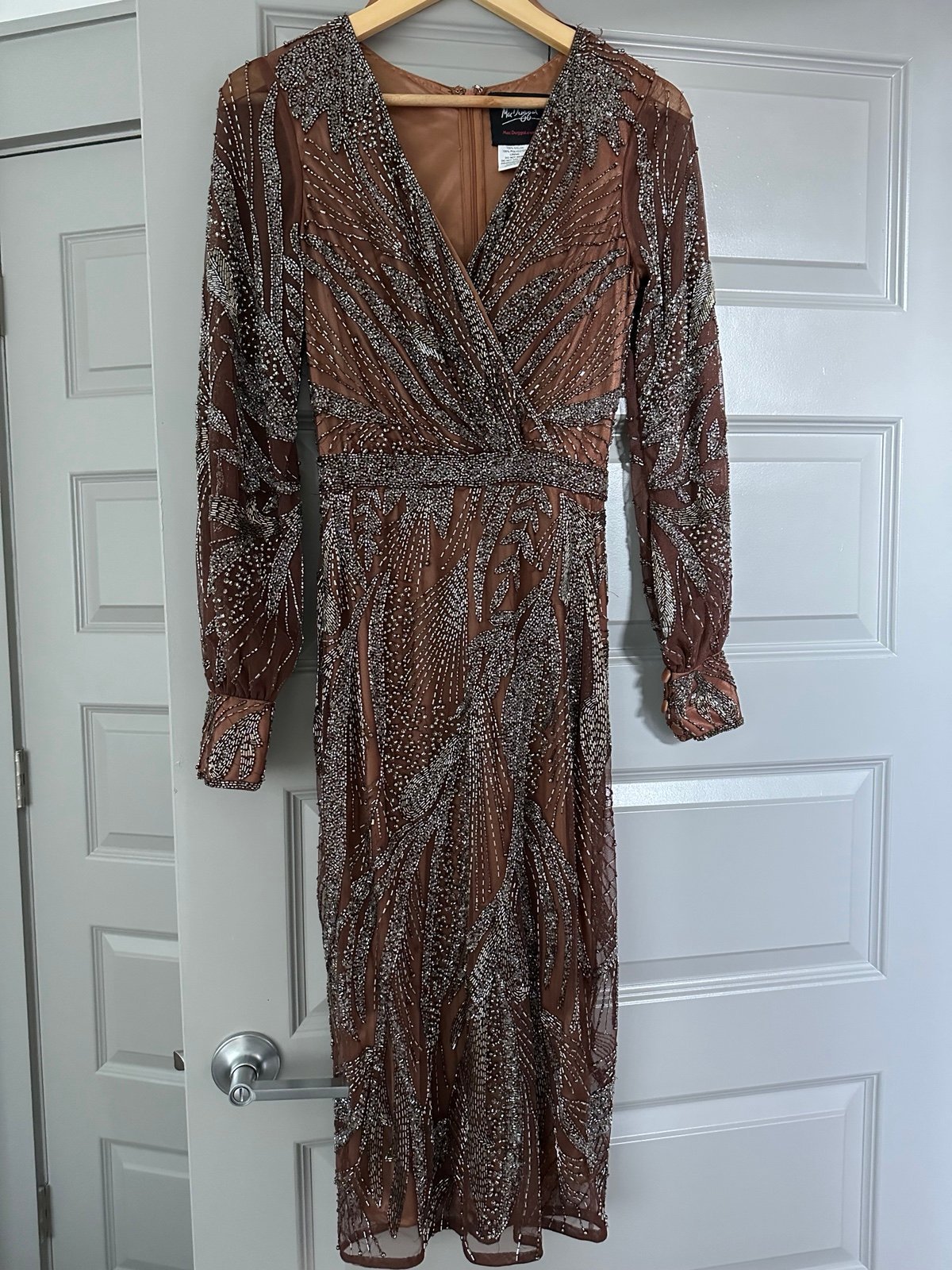 Mac Duggal Beaded Long Sleeve Wrap Front Midi Dress NWT