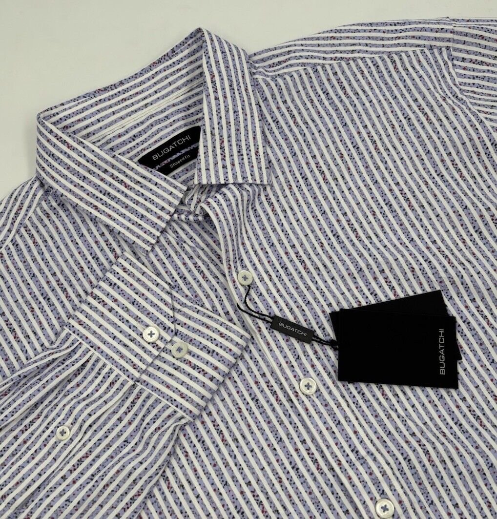 NWT Bugatchi Men's L Shaped Fit Performance Blue Striped Long Sleeve Shirt
